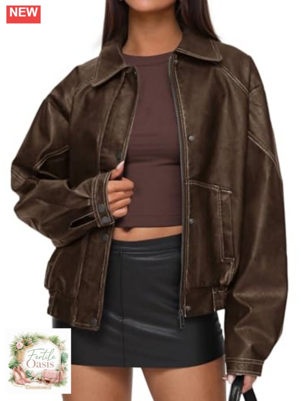Faux Leather Moto Biker Jacket Oversized PU Coat Long Sleeve